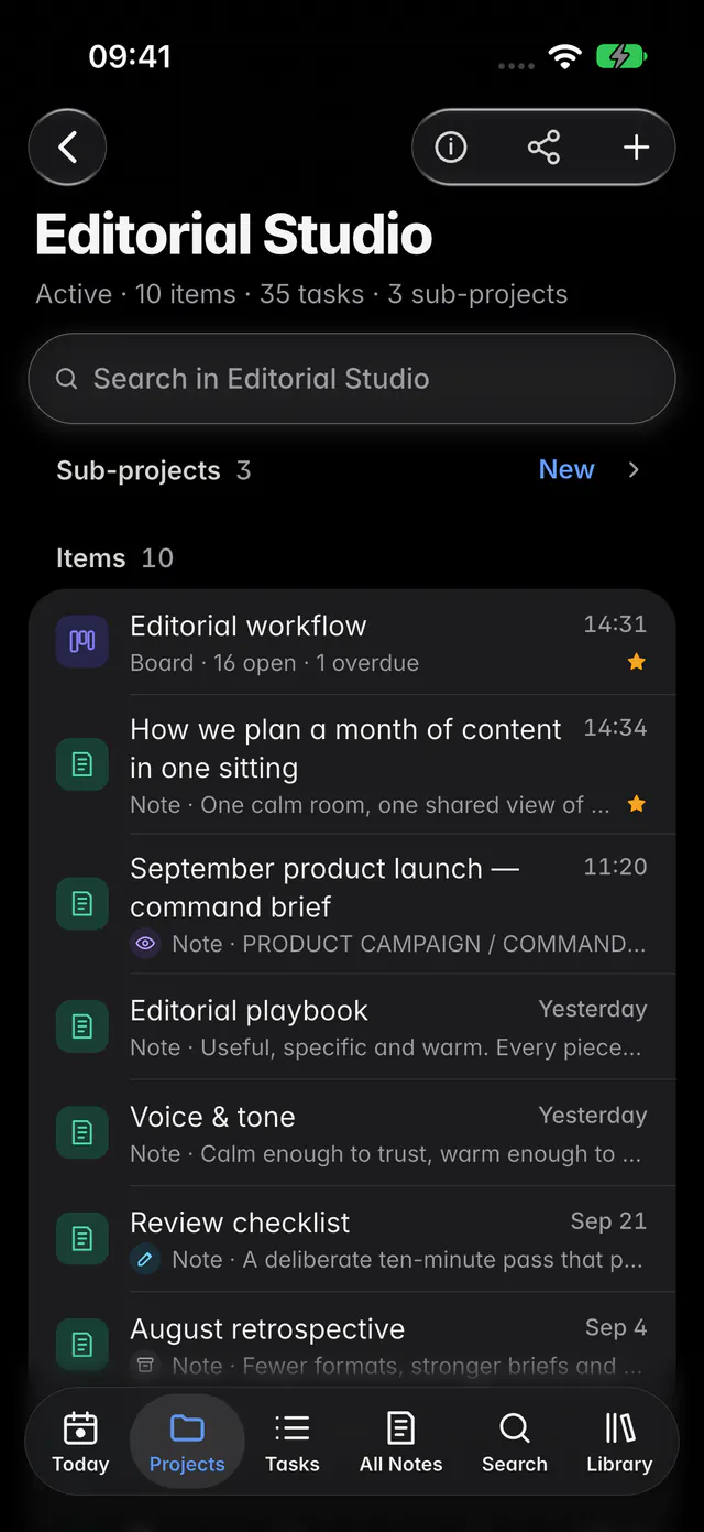 A project page with its progress, its folded Sub-projects section and the tasks due this week (an iPhone)