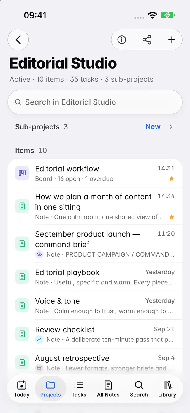 A project page with its progress, its folded Sub-projects section and the tasks due this week (an iPhone)