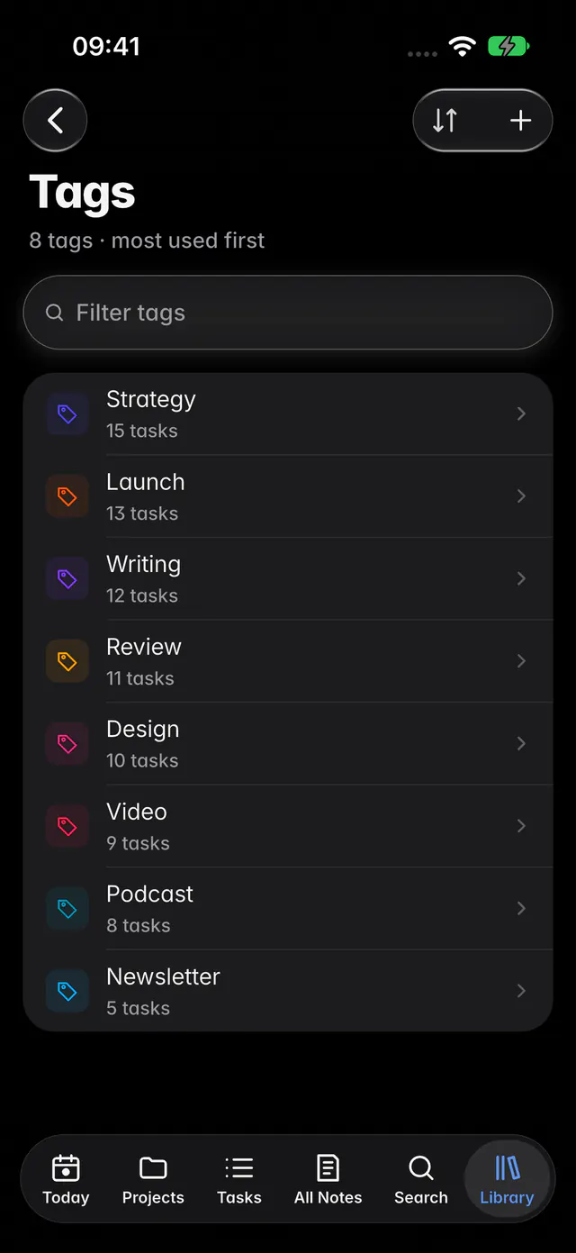 Tags listed with how many items carry each one (an iPhone)