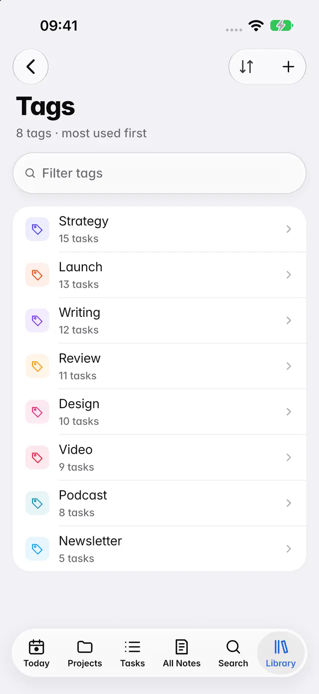 Tags listed with how many items carry each one (an iPhone)