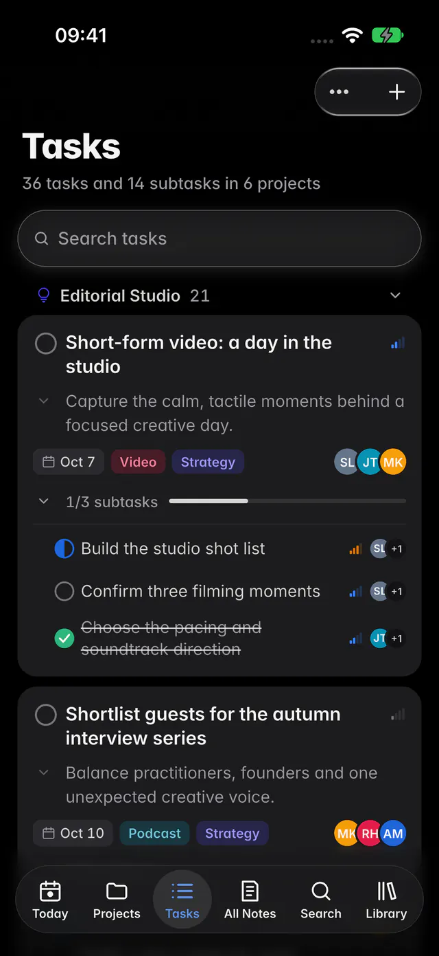 All tasks grouped by project, with their dates, tags and people (an iPhone)