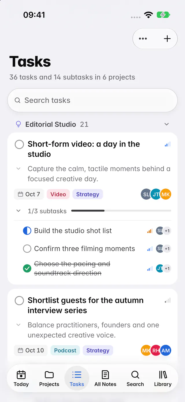 All tasks grouped by project, with their dates, tags and people (an iPhone)