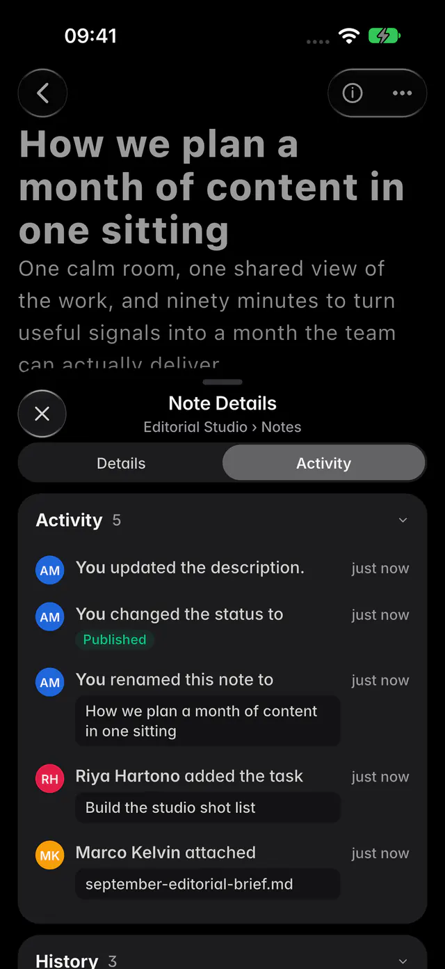 A note's details on the Activity tab, with its activity and the history of its status and name (an iPhone)