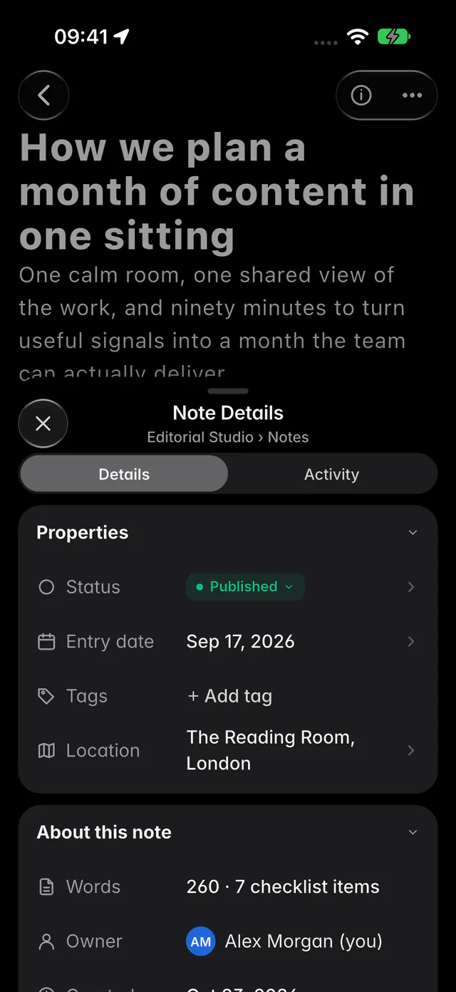 A note's details with its status, entry date, tags and place, then the word count, owner and dates (an iPhone)