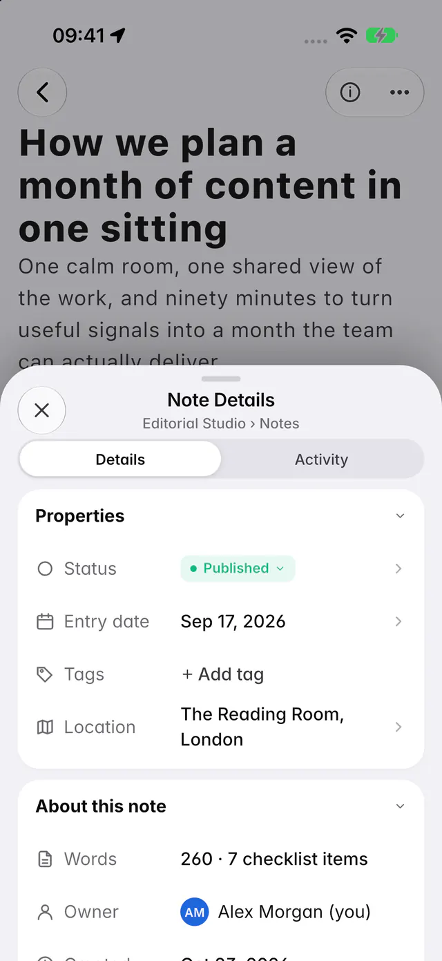 A note's details with its status, entry date, tags and place, then the word count, owner and dates (an iPhone)