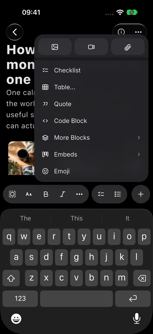 A note's Insert menu with media, blocks, embeds and emoji (an iPhone)