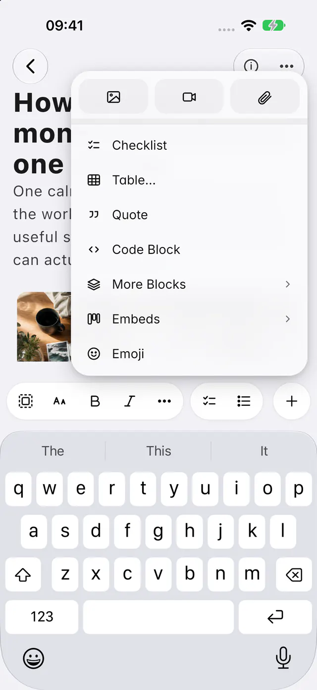 A note's Insert menu with media, blocks, embeds and emoji (an iPhone)