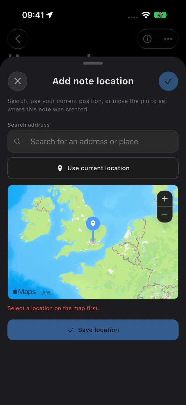 The note location editor with an address search, a map with a pin and Save location (an iPhone)