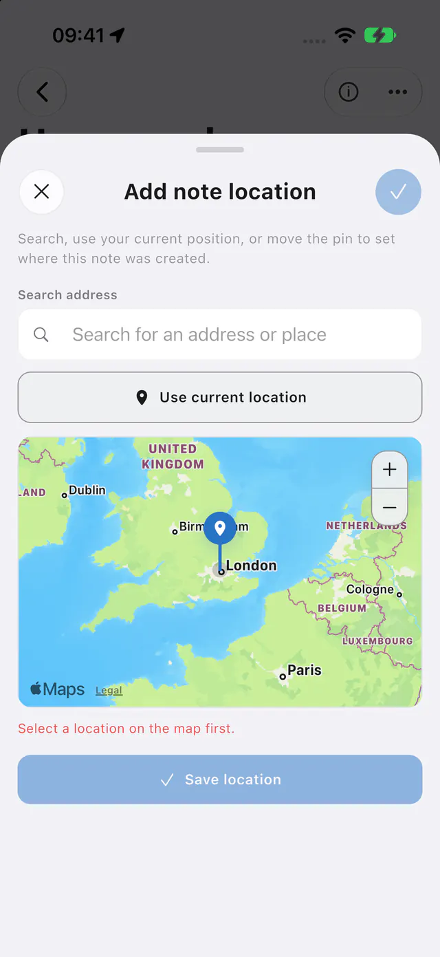 The note location editor with an address search, a map with a pin and Save location (an iPhone)