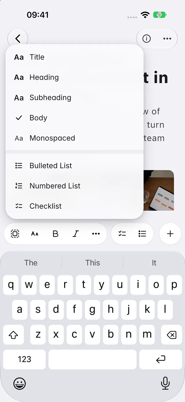 The text style menu of a note, with the heading styles and the lists (an iPhone)