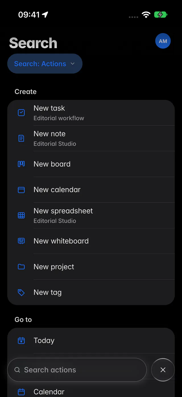 Search showing actions, grouped into create and go to (an iPhone)