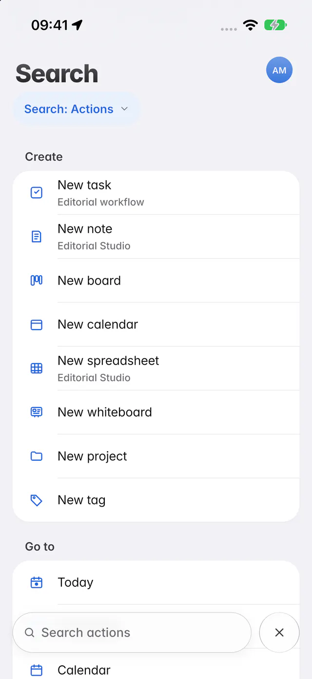 Search showing actions, grouped into create and go to (an iPhone)