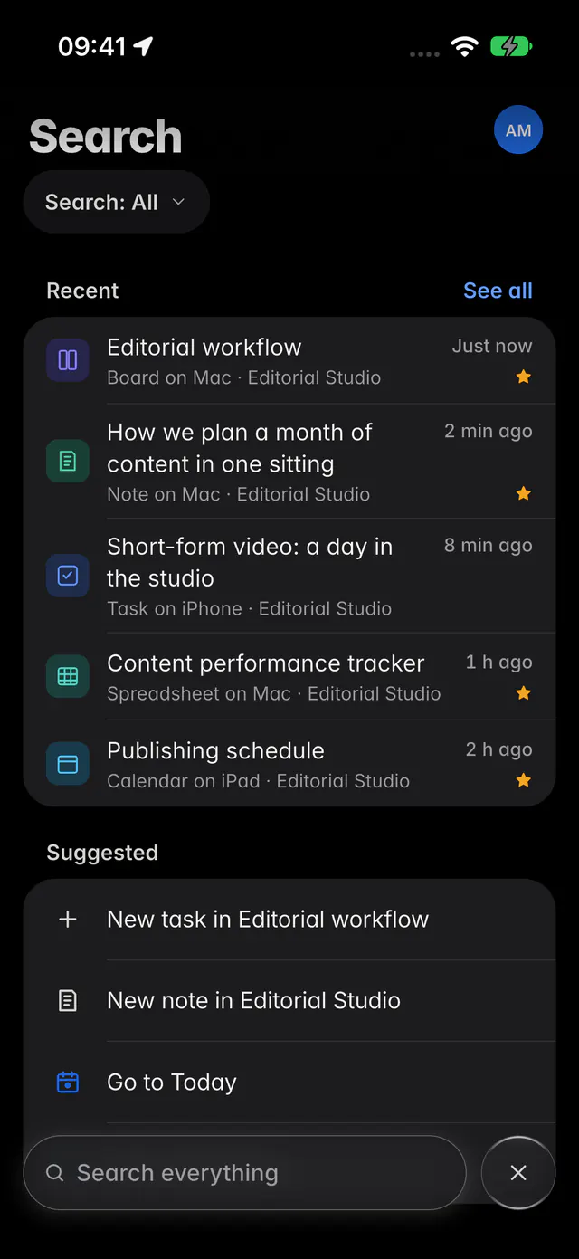 Search before typing, with recent items and suggested actions (an iPhone)
