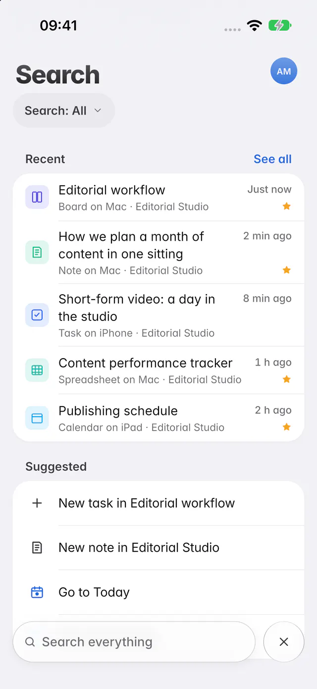 Search before typing, with recent items and suggested actions (an iPhone)