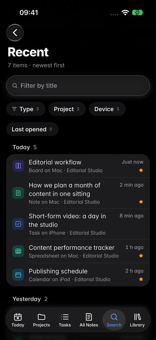 Recently opened, with filters for type, project, device and when each item was last opened (an iPhone)