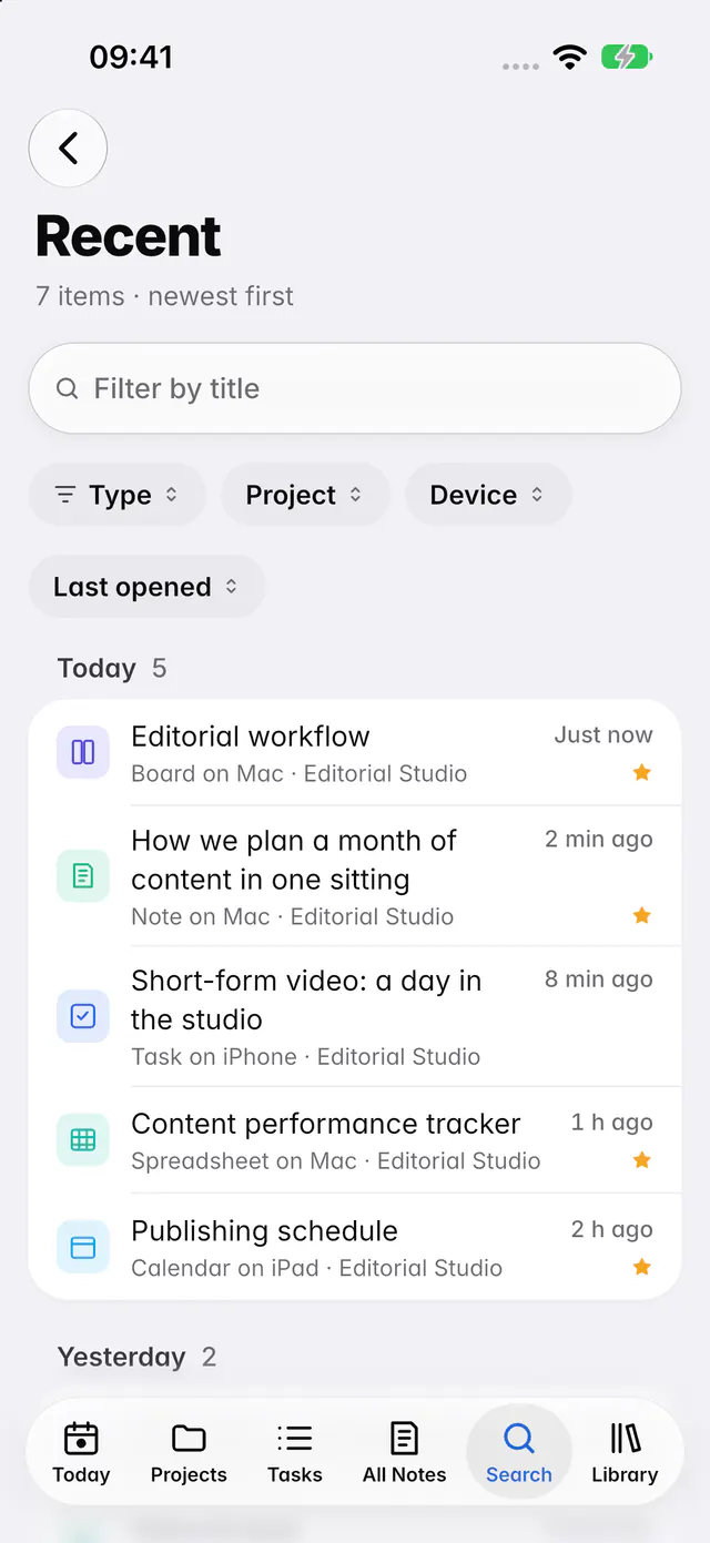 Recently opened, with filters for type, project, device and when each item was last opened (an iPhone)
