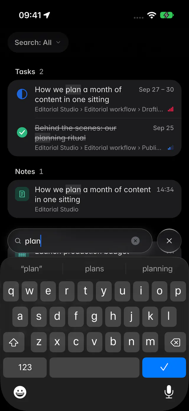 Search results for a word, grouped into tasks, notes and spreadsheets (an iPhone)