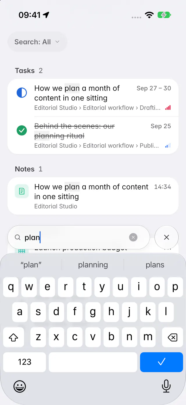 Search results for a word, grouped into tasks, notes and spreadsheets (an iPhone)