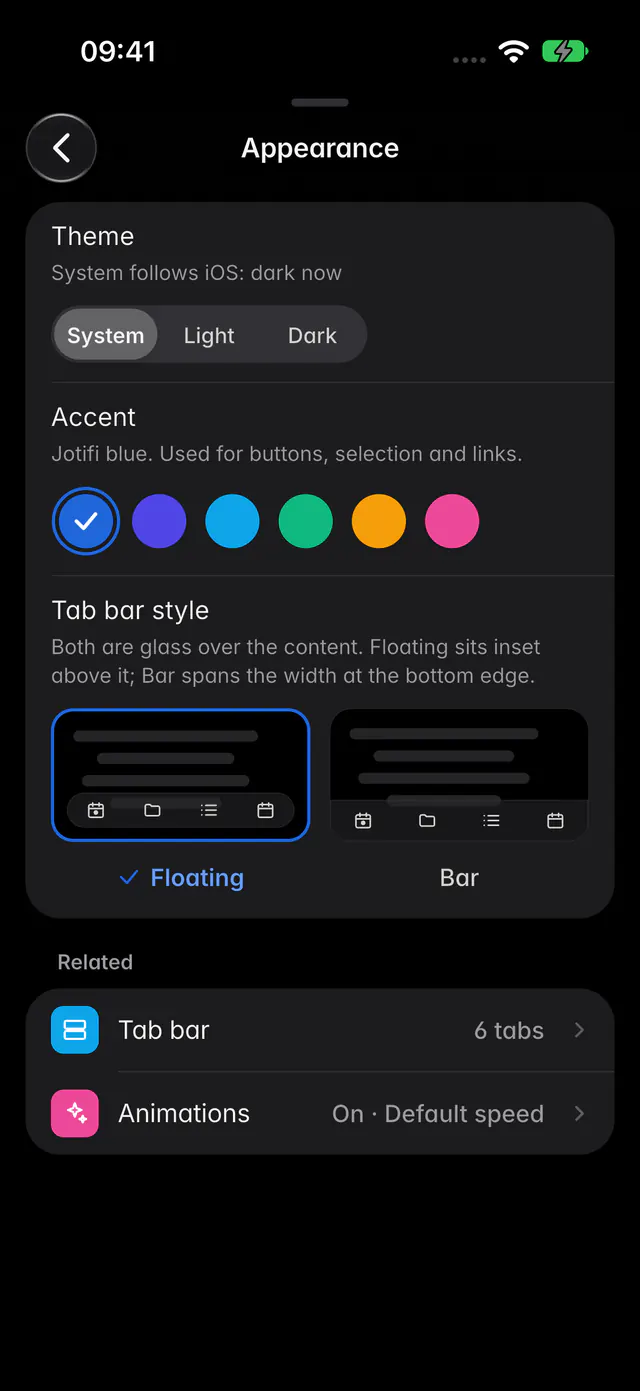 Appearance settings with the theme set to System and the six accent colours (an iPhone)