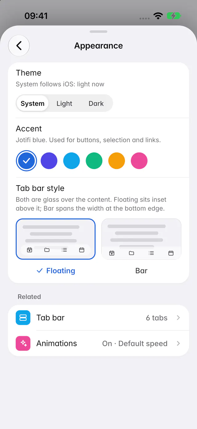 Appearance settings with the theme set to System and the six accent colours (an iPhone)
