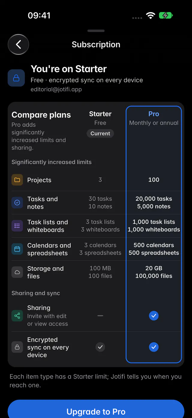 The Subscription page on Starter, with a comparison of the Starter and Pro plans and Upgrade to Pro (an iPhone)