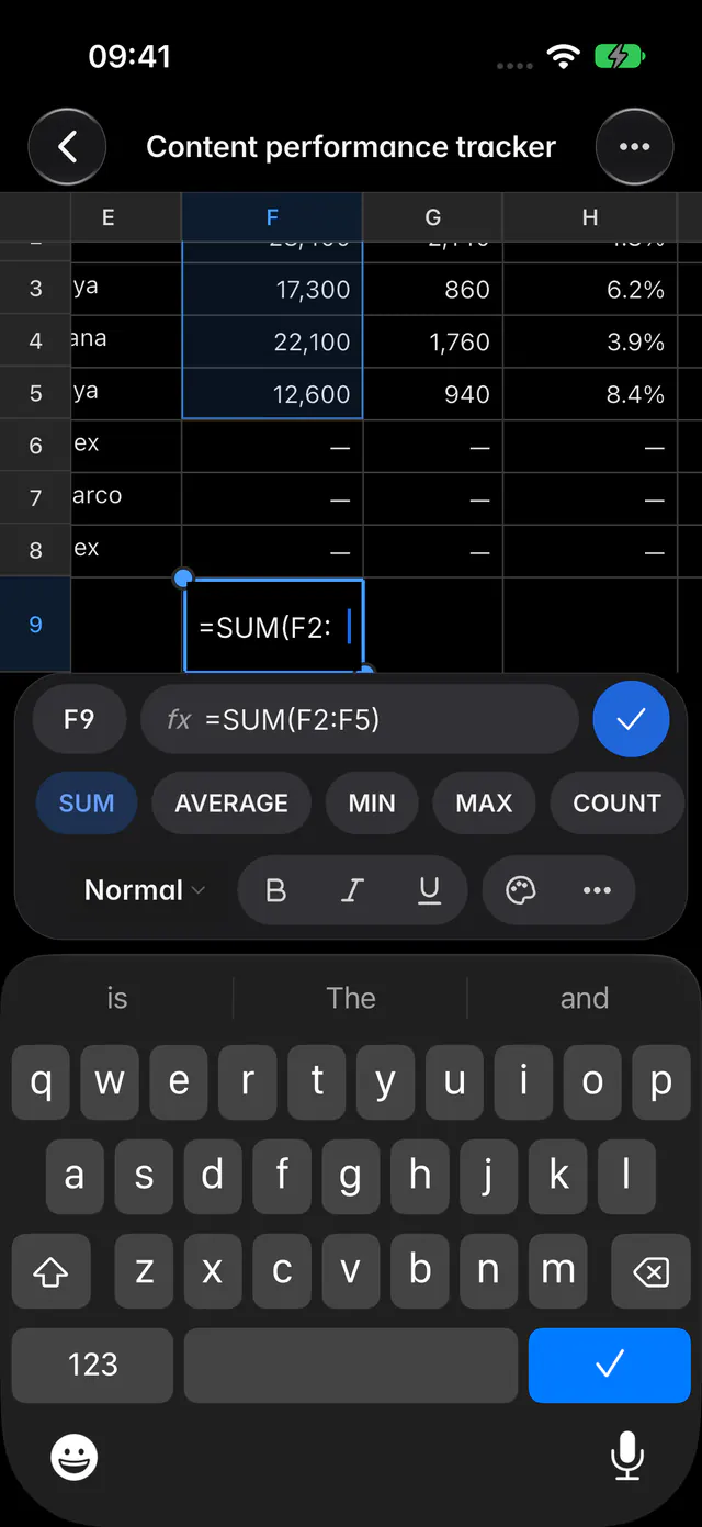 Editing a cell with a SUM formula, with the function buttons above the keyboard (an iPhone)