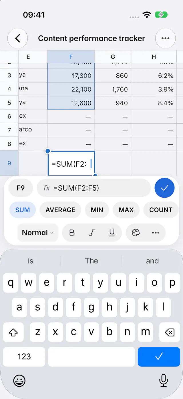 Editing a cell with a SUM formula, with the function buttons above the keyboard (an iPhone)