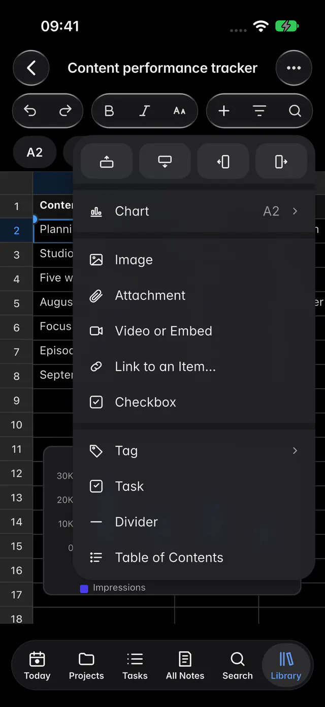 The Insert menu with rows, columns, charts and things to put in a cell (an iPhone)