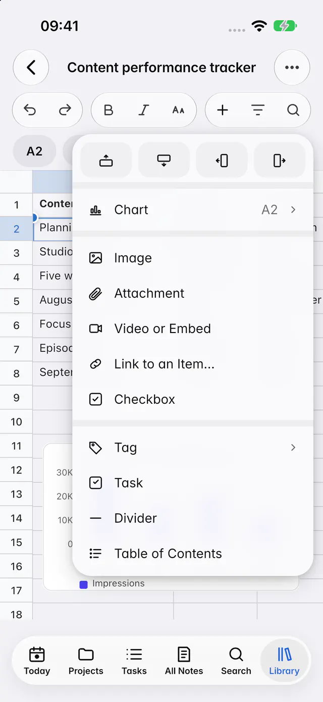 The Insert menu with rows, columns, charts and things to put in a cell (an iPhone)