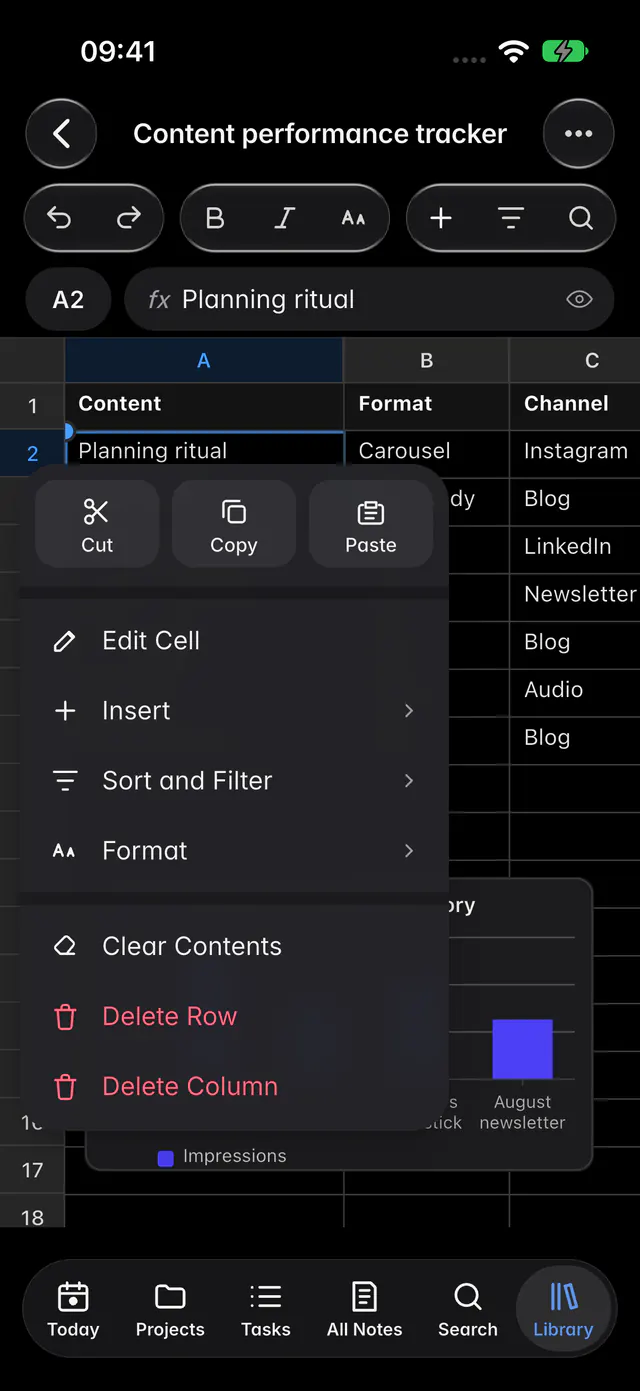A cell's menu with clipboard, insert, sort, filter, format and delete options (an iPhone)