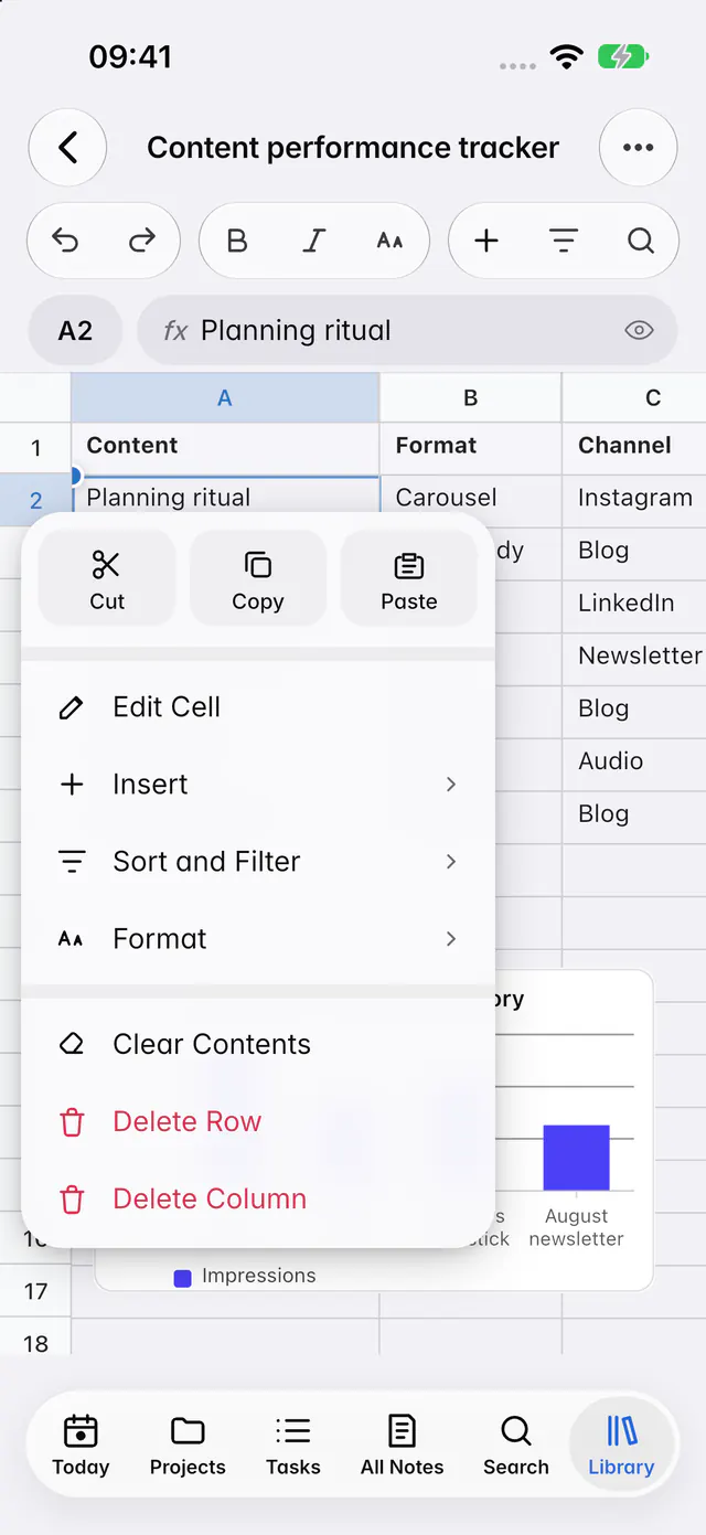 A cell's menu with clipboard, insert, sort, filter, format and delete options (an iPhone)