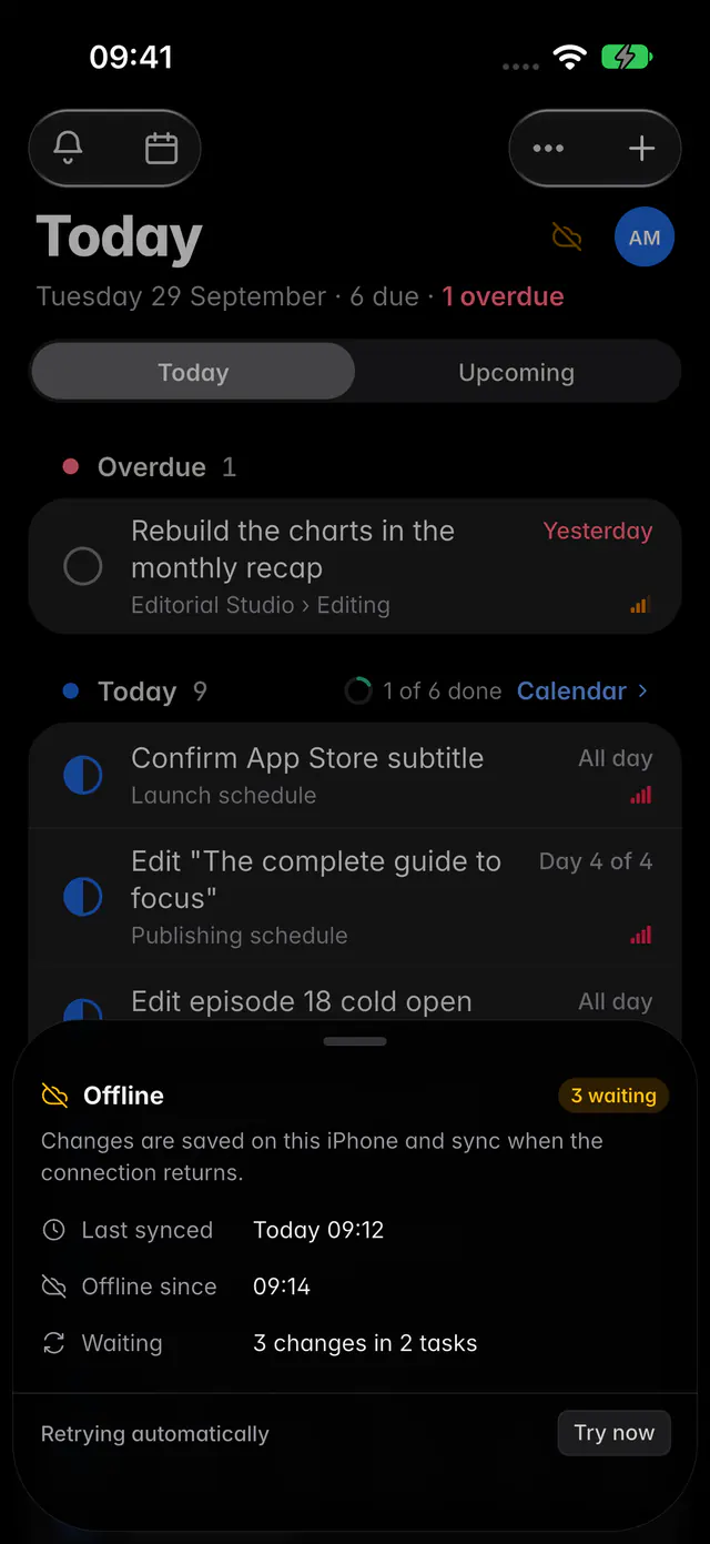 Sync details while offline: what is waiting to sync, when the device went offline and last synced, with Try now (an iPhone)