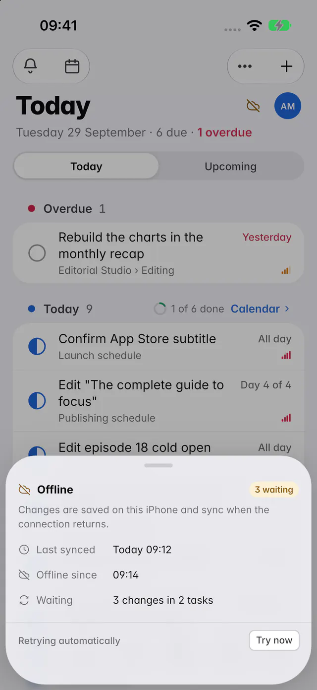 Sync details while offline: what is waiting to sync, when the device went offline and last synced, with Try now (an iPhone)