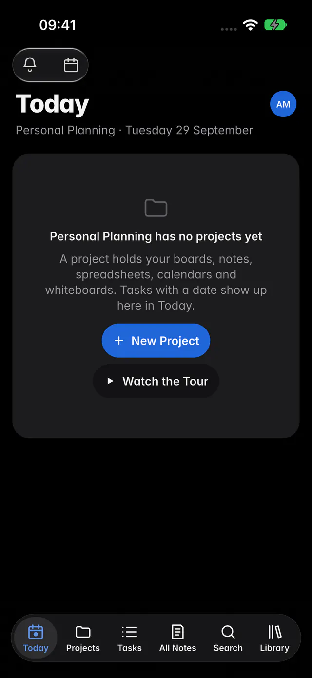 Today in a new workspace, saying it has no projects yet, with New project and Watch the tour (an iPhone)