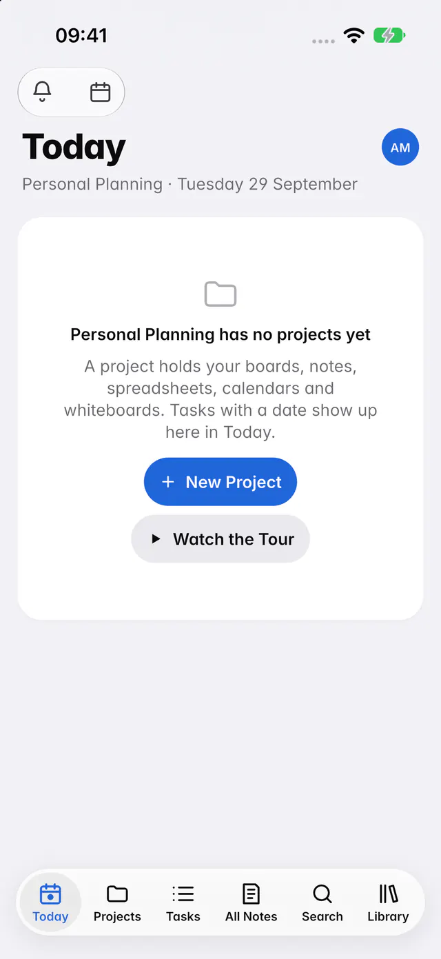 Today in a new workspace, saying it has no projects yet, with New project and Watch the tour (an iPhone)
