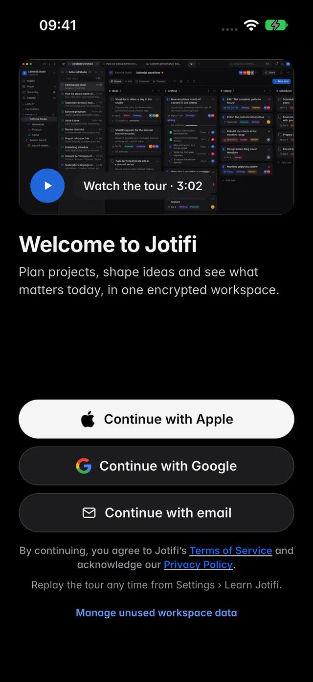 The Welcome to Jotifi screen with the tour and the Continue with Apple, Google and email buttons (an iPhone)