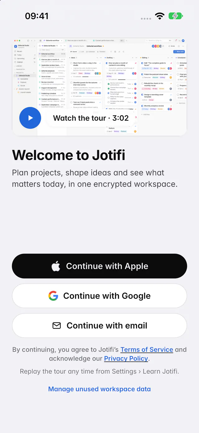 The Welcome to Jotifi screen with the tour and the Continue with Apple, Google and email buttons (an iPhone)