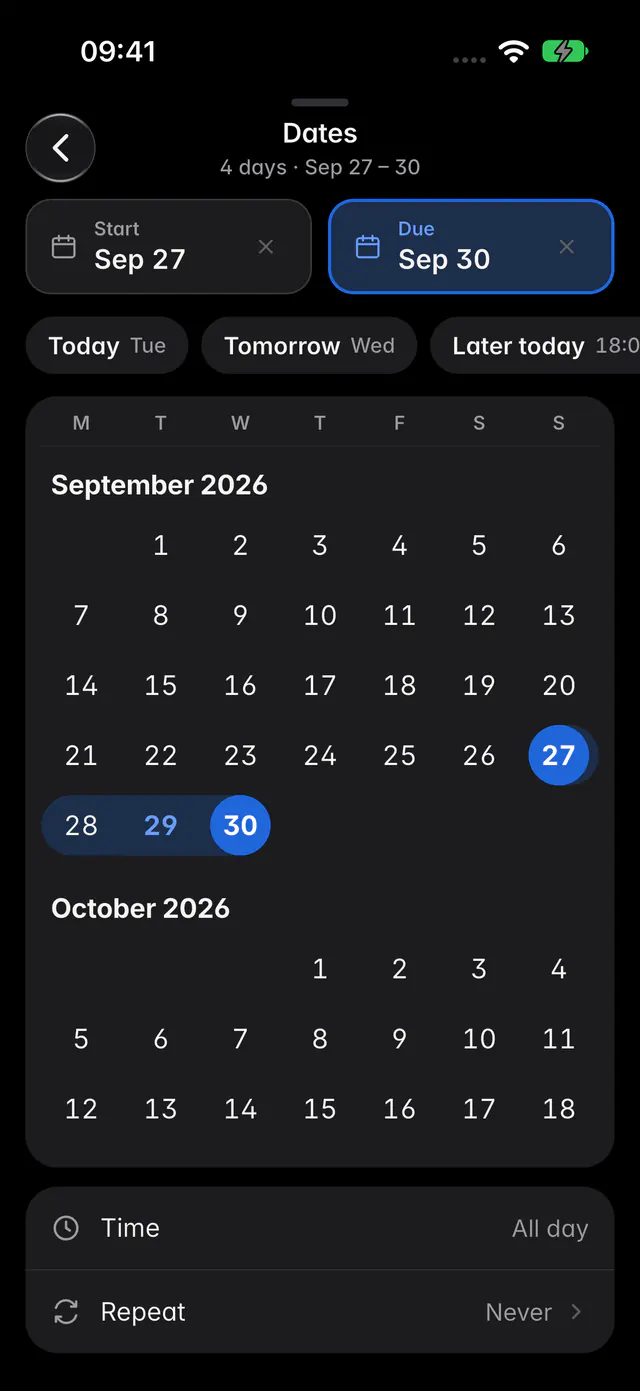 The dates picker with a start and a due date, quick choices, a month and the time and repeat settings (an iPhone)
