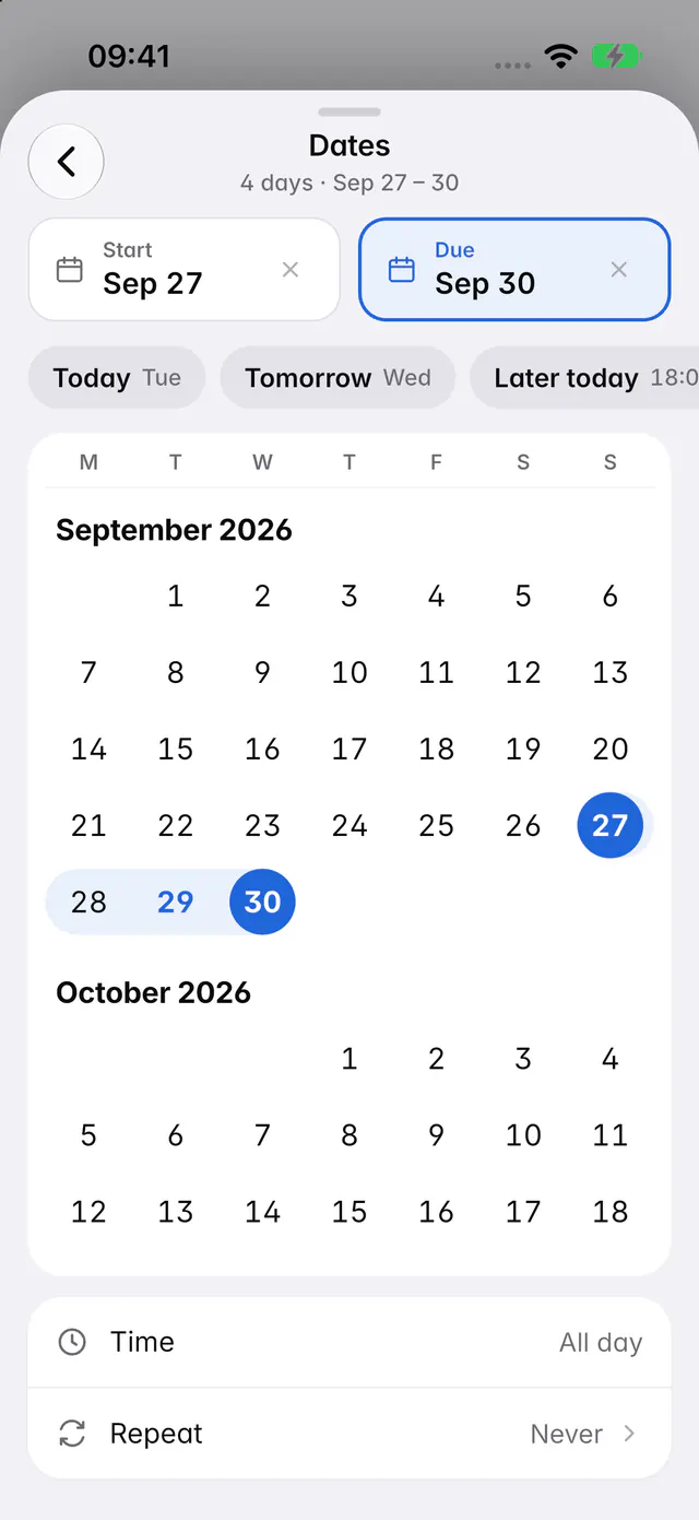 The dates picker with a start and a due date, quick choices, a month and the time and repeat settings (an iPhone)