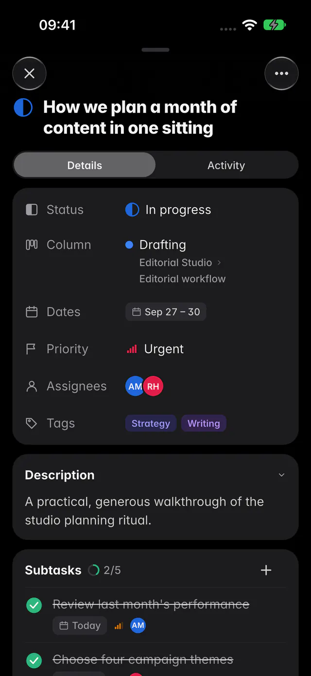 An open task with its status, column, dates, priority, people, tags, description and subtasks (an iPhone)