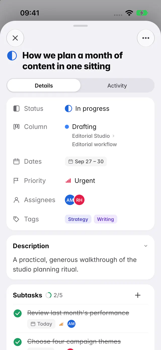 An open task with its status, column, dates, priority, people, tags, description and subtasks (an iPhone)