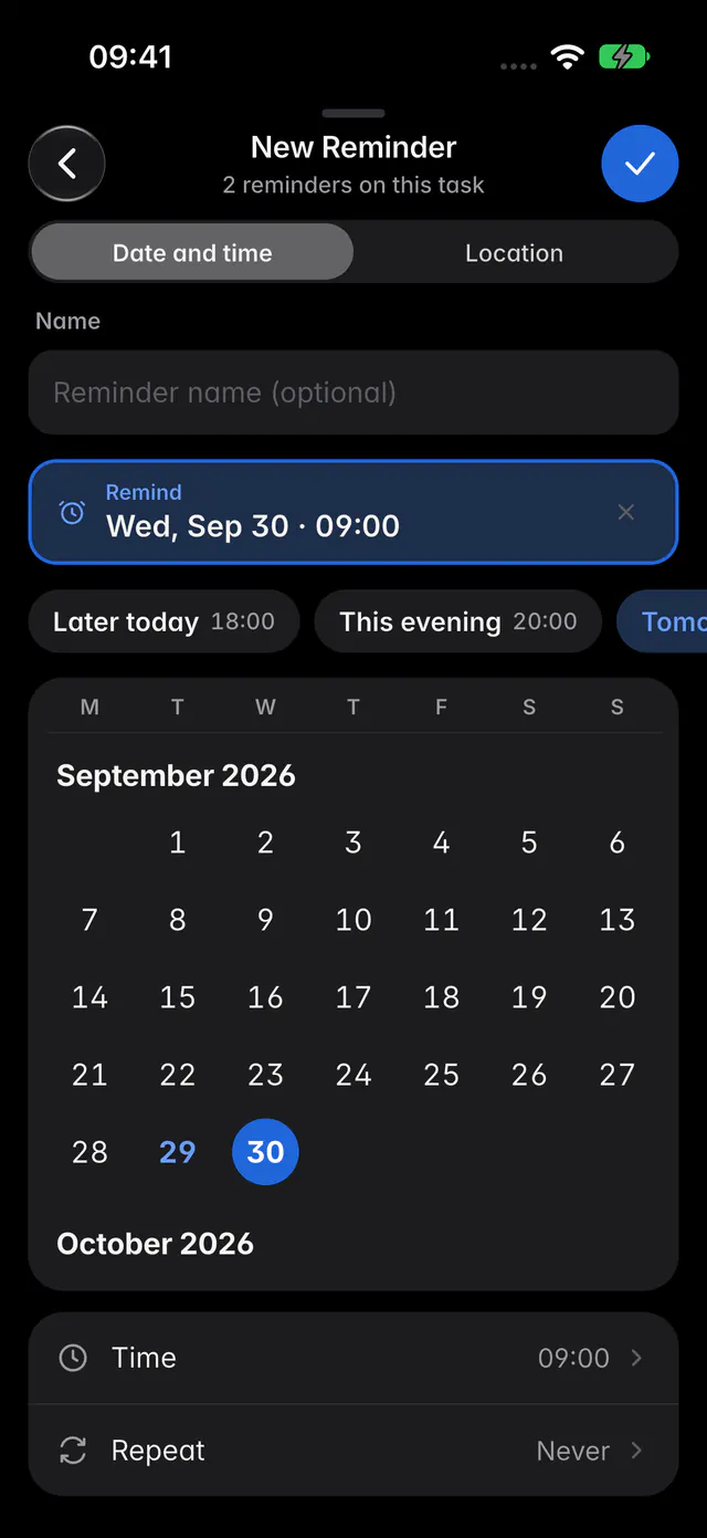 The reminder editor with Date and time selected, quick choices, a month and the time (an iPhone)