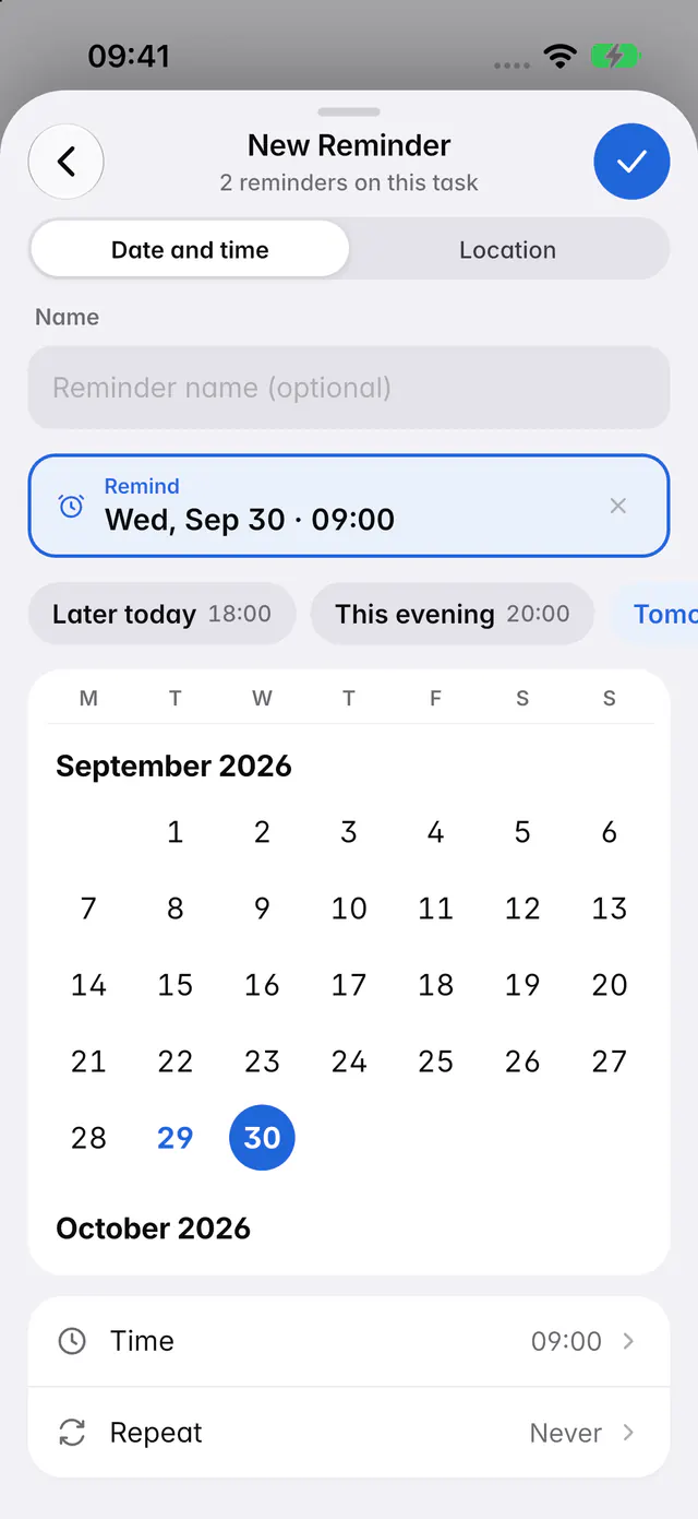The reminder editor with Date and time selected, quick choices, a month and the time (an iPhone)