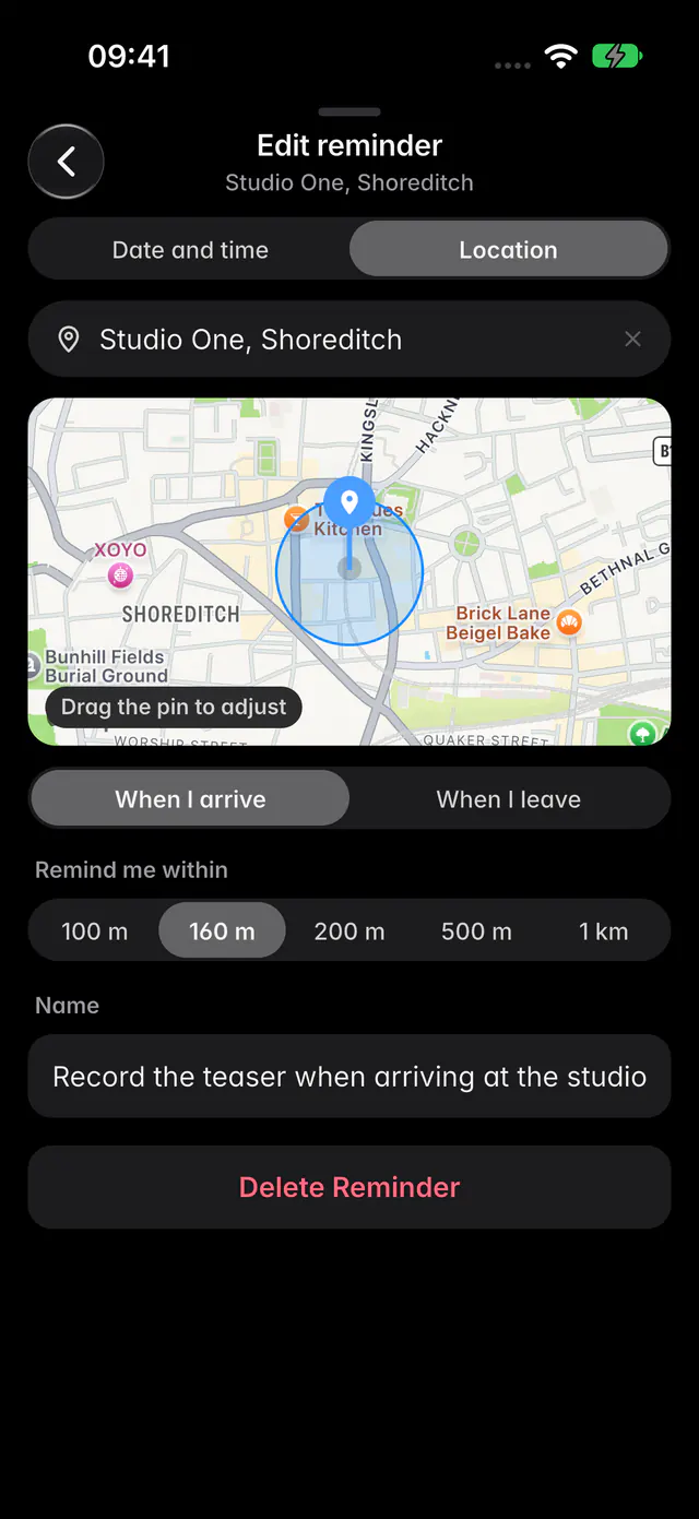 A place reminder with the address, a map pin, When I arrive or When I leave and the distance (an iPhone)
