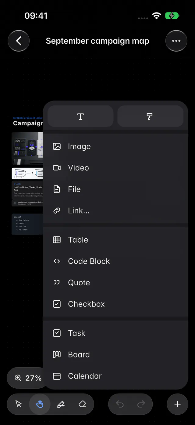 The Add menu with text and drawing, media, blocks and items from Jotifi (an iPhone)