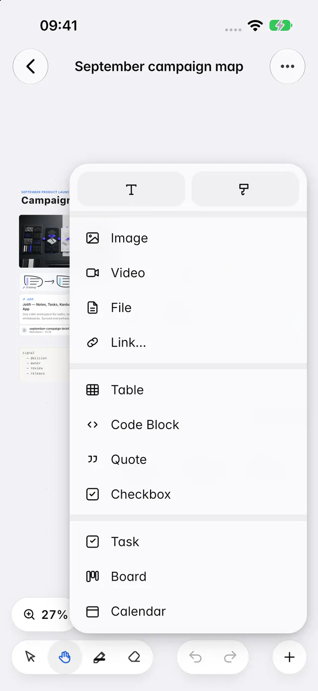 The Add menu with text and drawing, media, blocks and items from Jotifi (an iPhone)