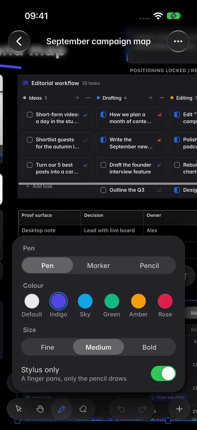 The ink options with Pen, Marker and Pencil, six colours and three sizes (an iPhone)