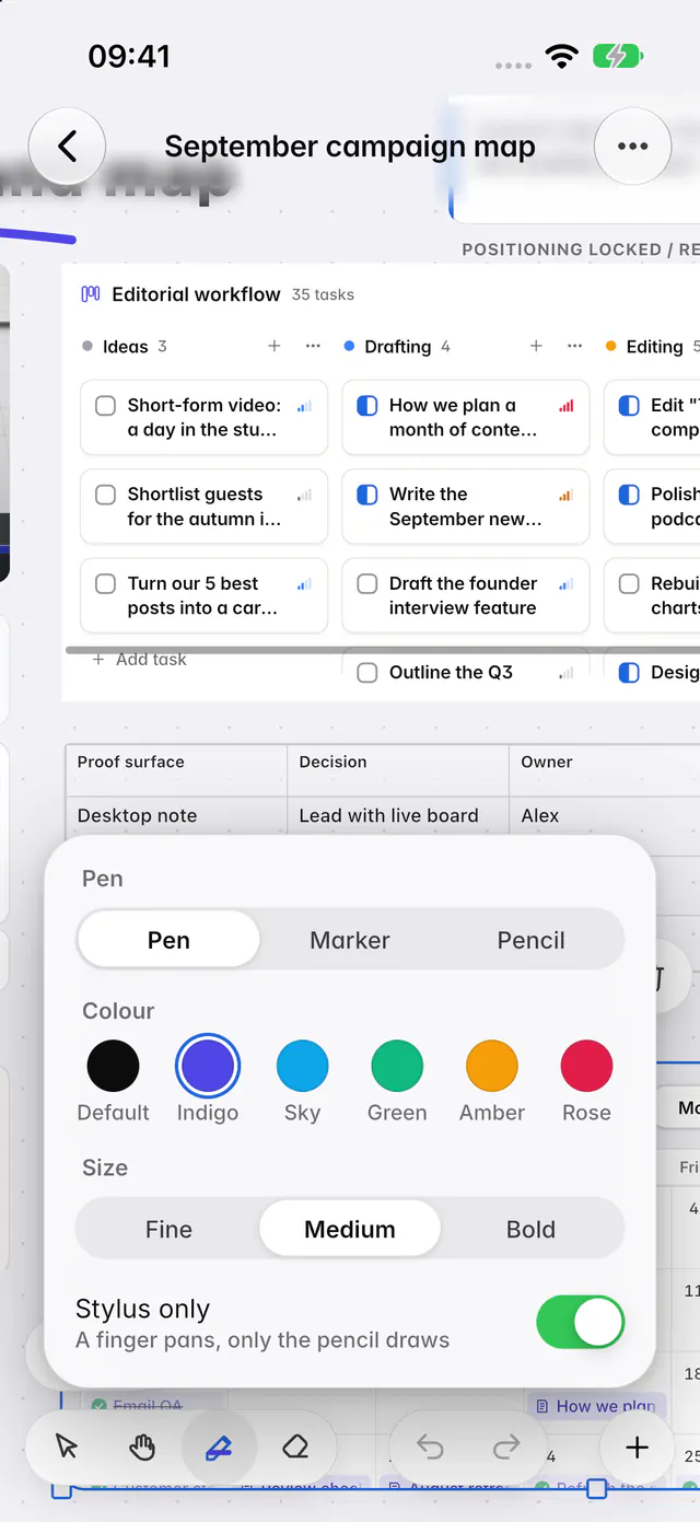 The ink options with Pen, Marker and Pencil, six colours and three sizes (an iPhone)