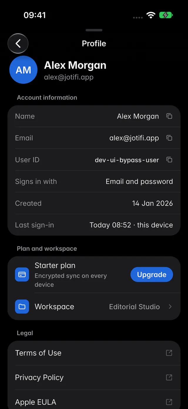 The account page with the email address, user ID, sign-in method, plan and workspace (an iPhone)