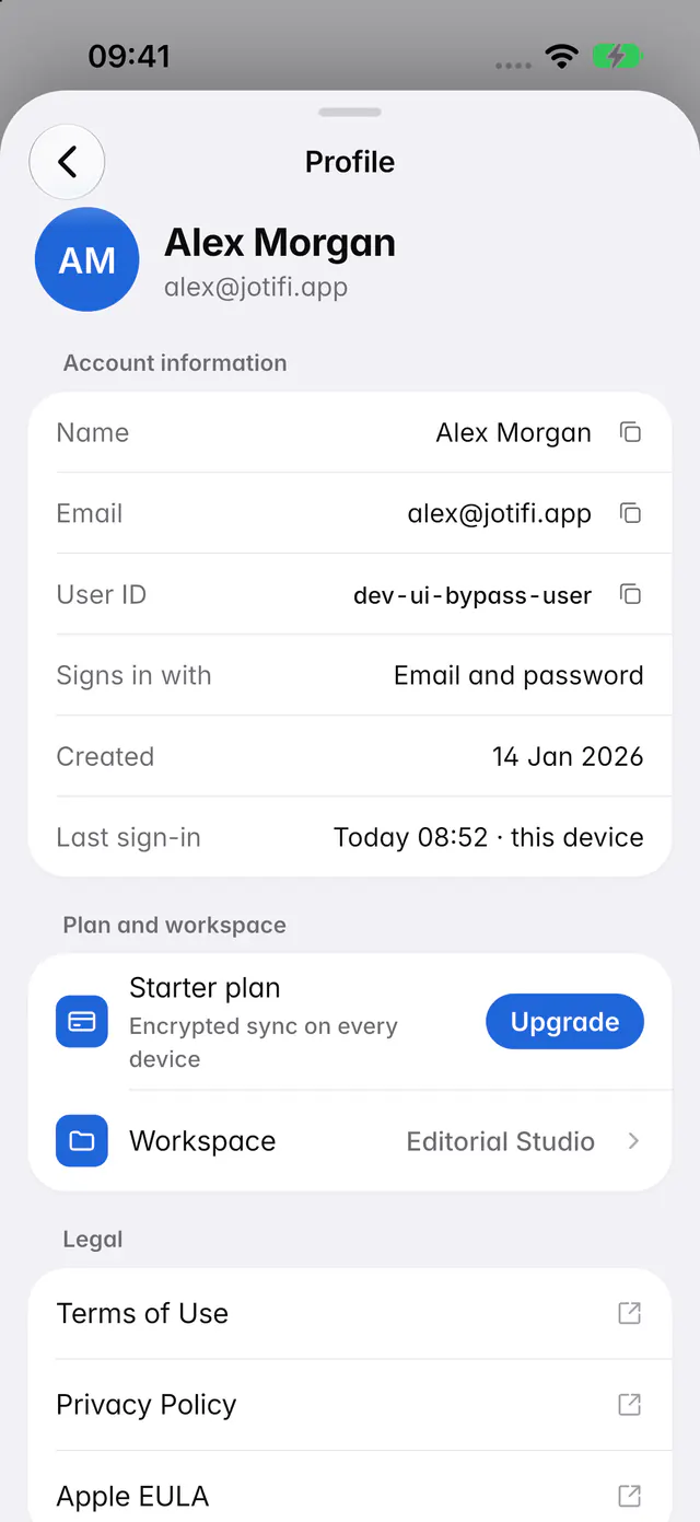The account page with the email address, user ID, sign-in method, plan and workspace (an iPhone)